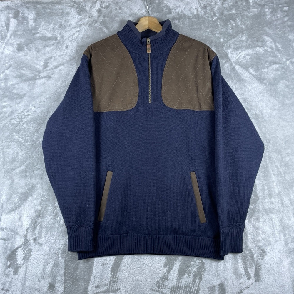 Orvis Ultimate Foul Weather Sweater Mens Medium Navy Blue Windproof 1/4 Zip Wool